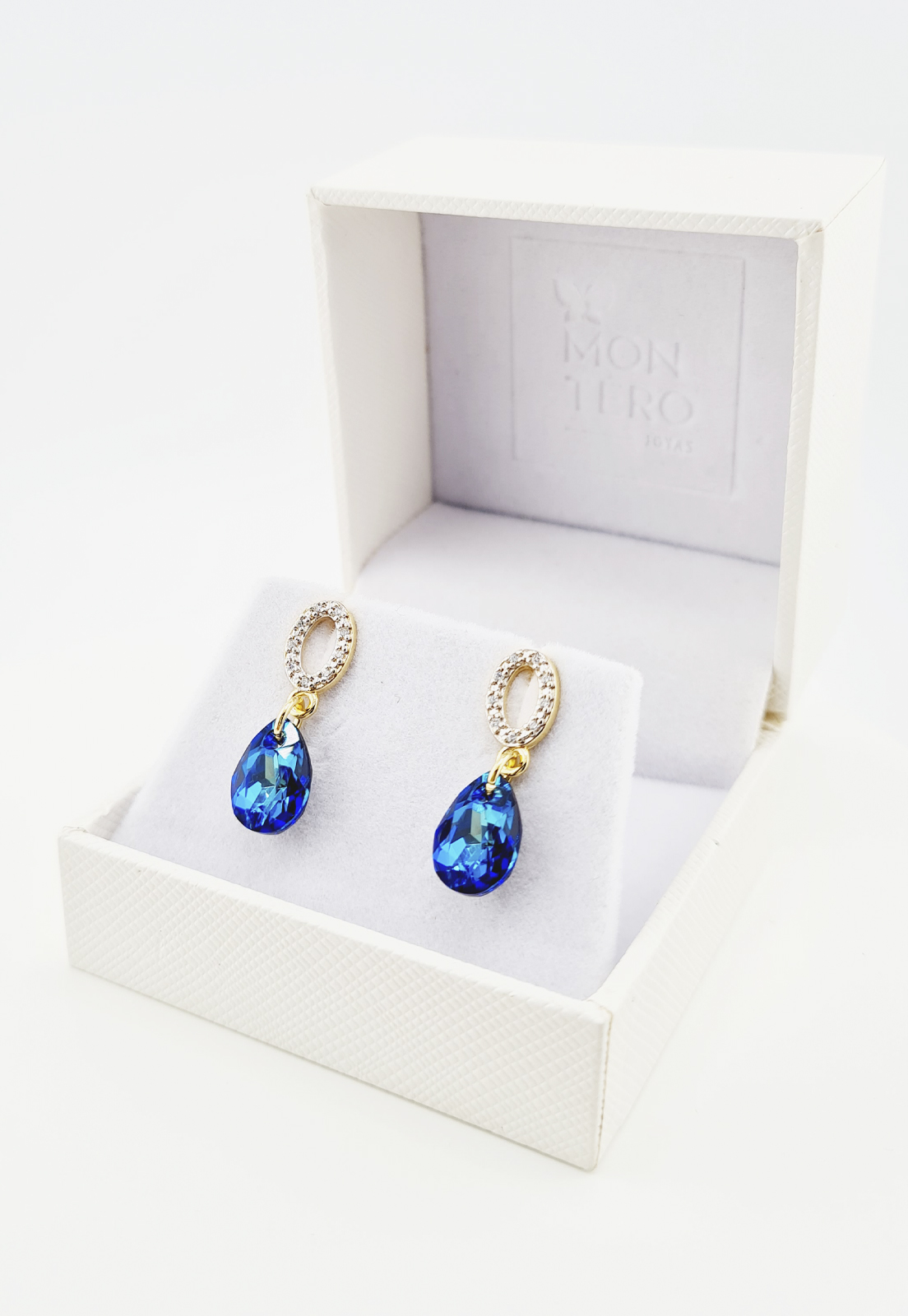 AROS GOTA DE LUZ GOLD CRISTALES GENUINOS BERMUDA BLUE JOYAS MONTERO - 3