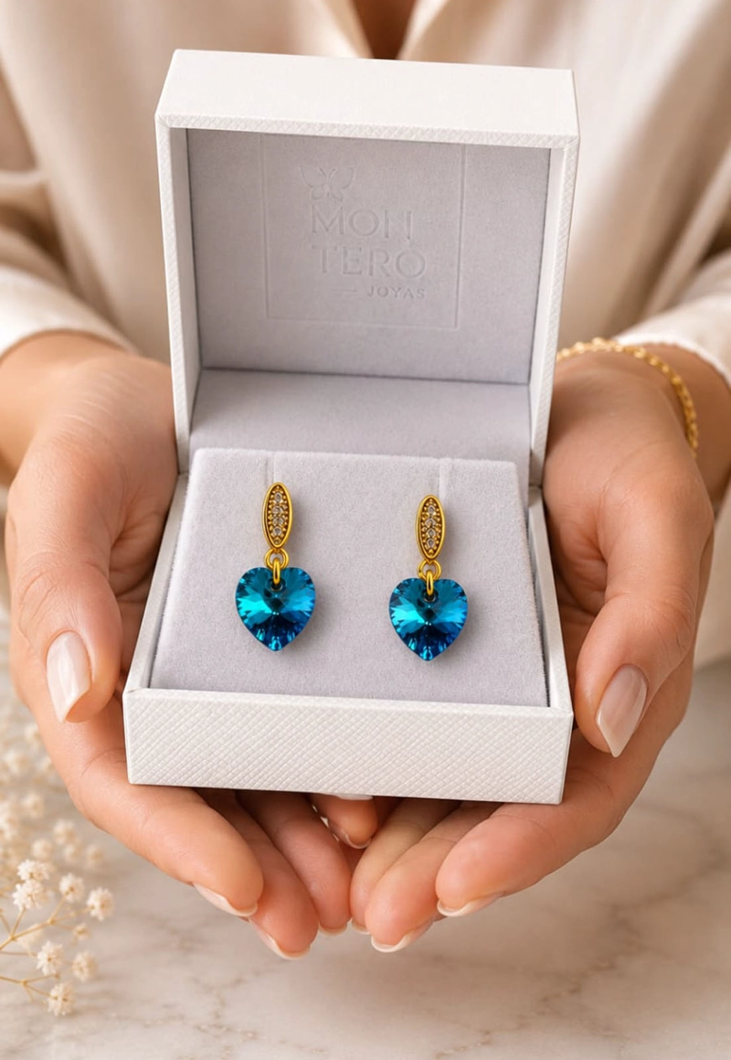 AROS ROMANCE GOLD CRISTALES SWAROVSKI® BERMUDA BLUE JOYAS MONTERO - 7