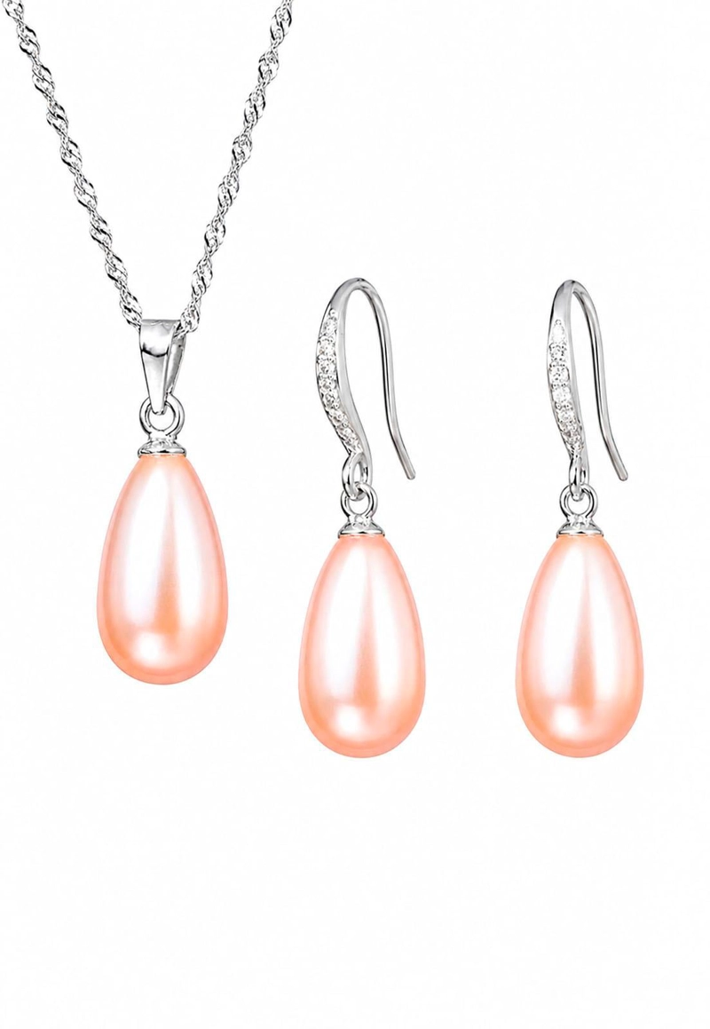 CONJUNTO MOSCU PLATA 925 PERLAS SWAROVSKI PEACH - 1