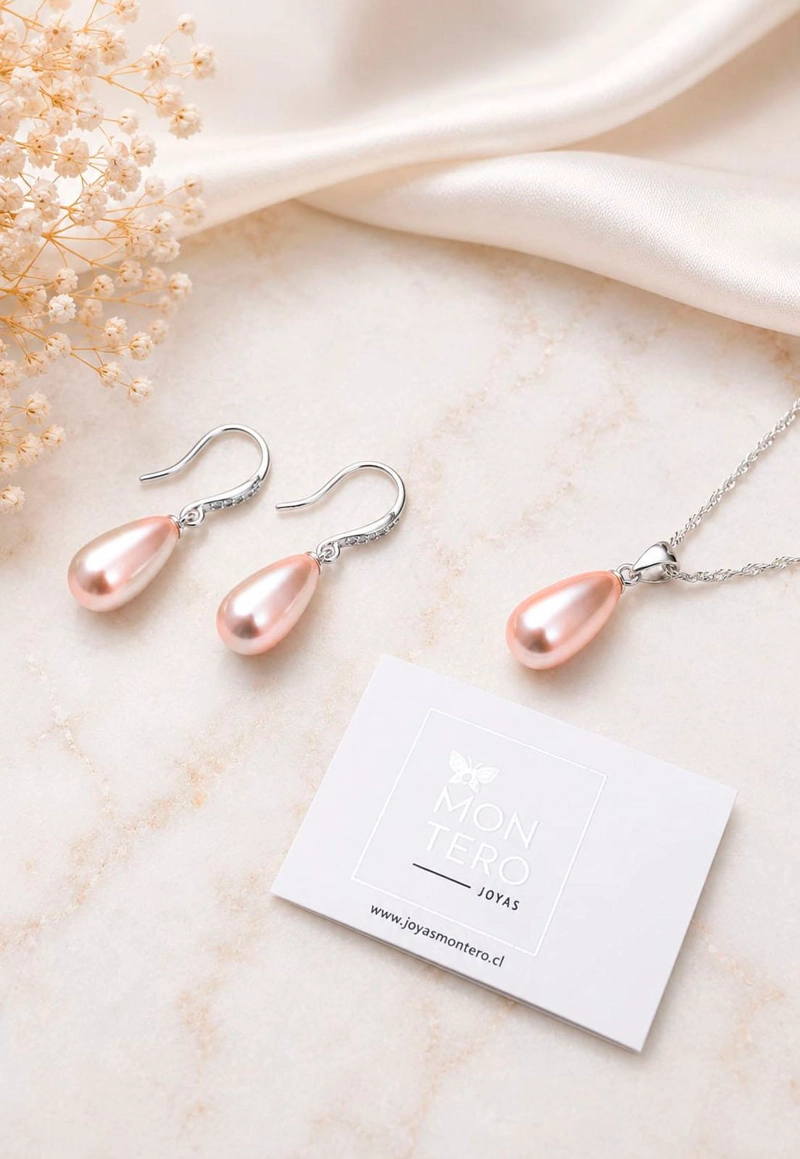 CONJUNTO MOSCU PLATA 925 PERLAS SWAROVSKI PEACH - 2
