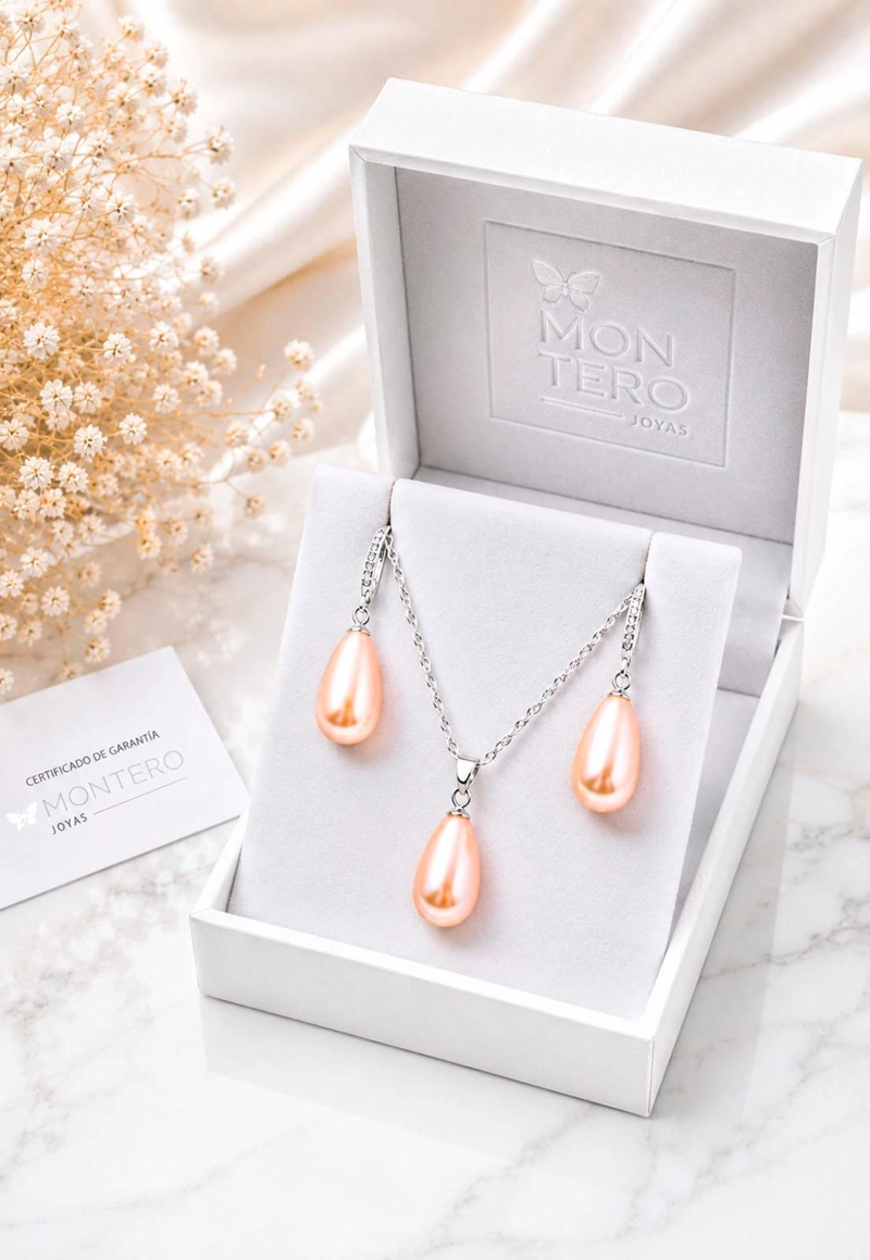 CONJUNTO MOSCU PLATA 925 PERLAS SWAROVSKI PEACH - 3