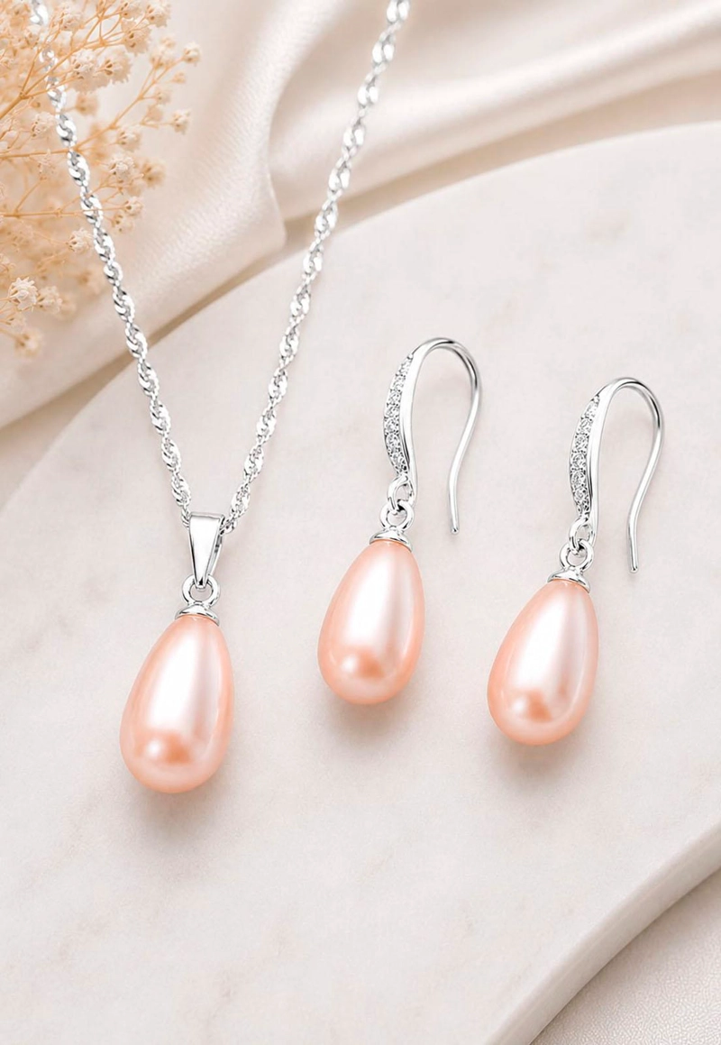 CONJUNTO MOSCU PLATA 925 PERLAS SWAROVSKI PEACH - 5