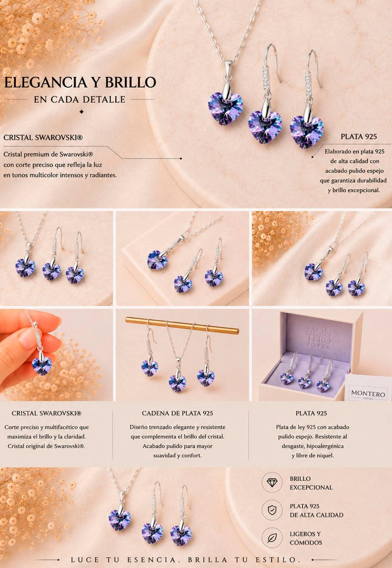 CONJUNTO ROMANCE PLATA 925 CRISTAL  Swarovski® VITRAL LIGHT - 8