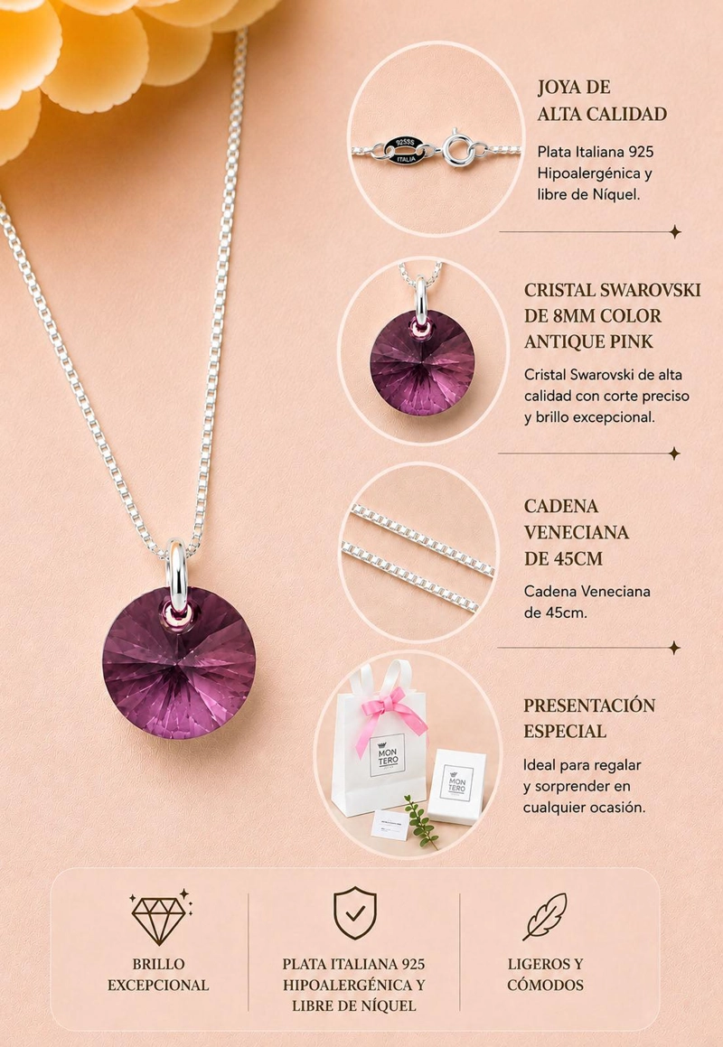 COLLAR PUNTO DE LUZ PLATA 925 CRISTAL SWAROVSKI  ANTIQUE PINK - 7