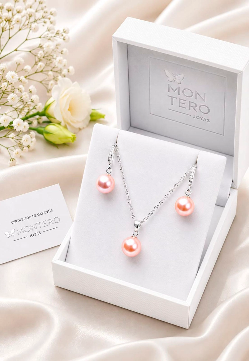 CONJUNTO OSLO PLATA 925 PERLAS SWAROVSKI® PEACH - 3