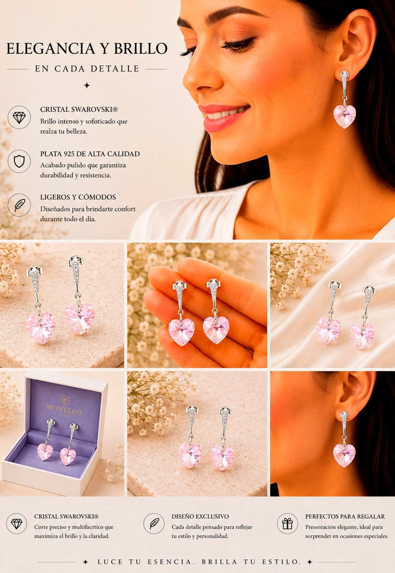 AROS ROMANCE PLATA 925 CRISTAL SWAROVSKI LIGHT ROSE - 6
