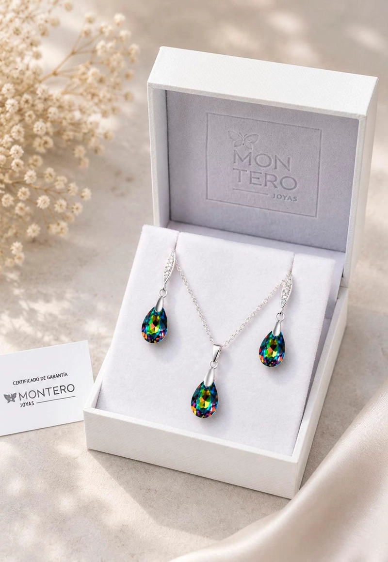 CONJUNTO JOYAS MONTERO PLATA ITALIANA 925 MILAN Y CRISTALES GENUINOS VITRAL MEDIUM - 2
