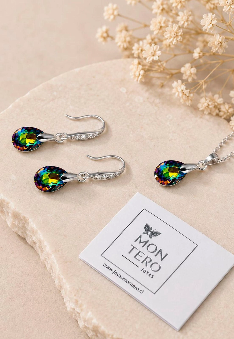 CONJUNTO JOYAS MONTERO PLATA ITALIANA 925 MILAN Y CRISTALES GENUINOS VITRAL MEDIUM - 7