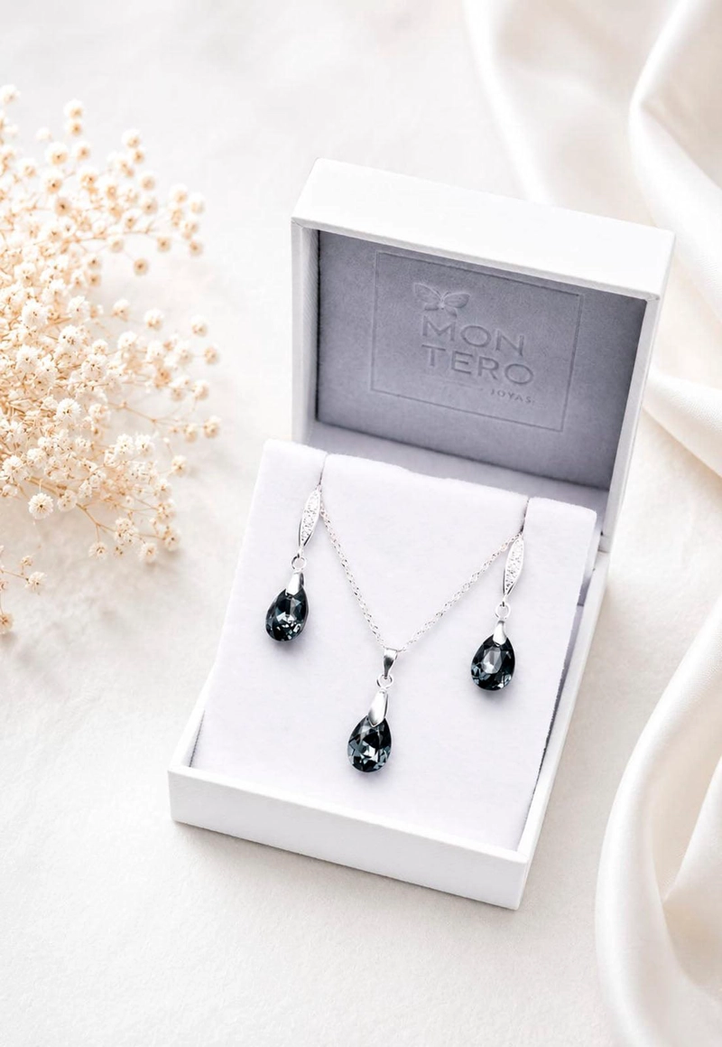 CONJUNTO JOYAS MONTERO PLATA ITALIANA 925 MILAN Y CRISTALES GENUINOS SILVER NIGHT - 2