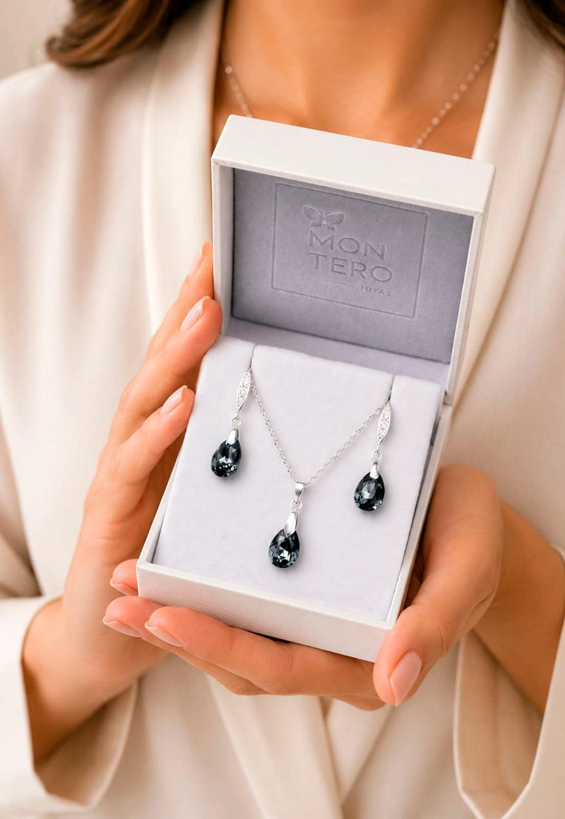 CONJUNTO JOYAS MONTERO PLATA ITALIANA 925 MILAN Y CRISTALES GENUINOS SILVER NIGHT - 6