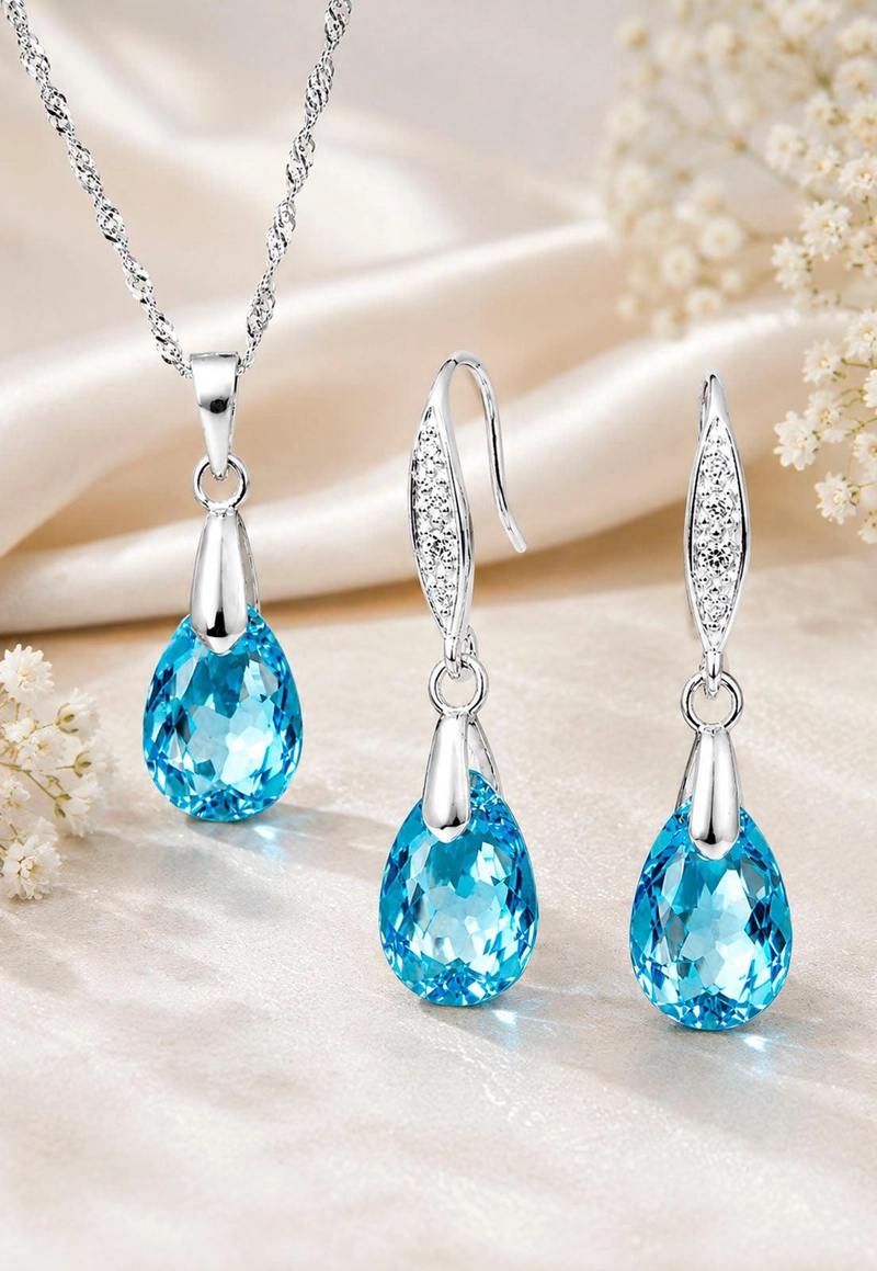 CONJUNTO JOYAS MONTERO PLATA ITALIANA 925 MILAN Y CRISTALES GENUINOS AQUAMERINE - 5