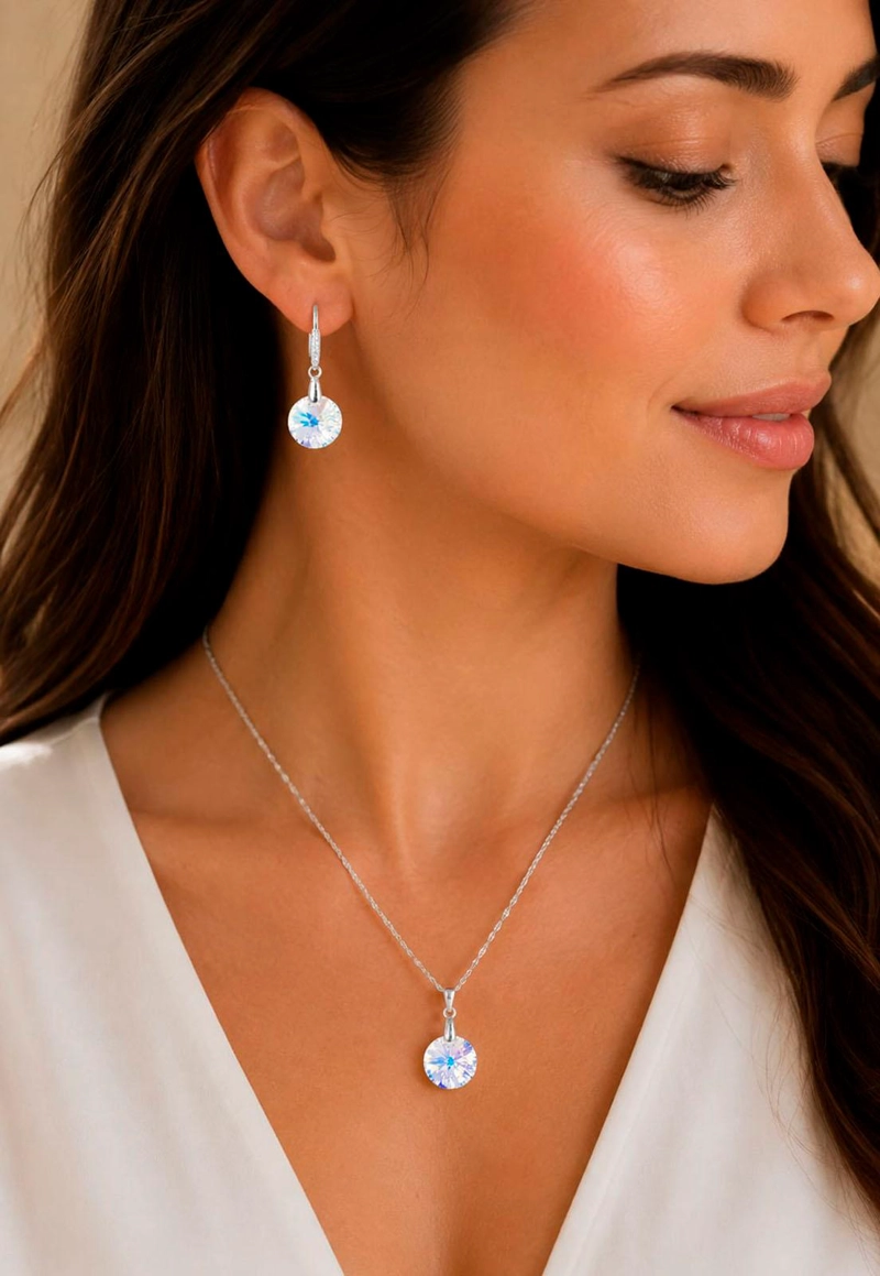 CONJUNTO JOYAS MONTERO PLATA ITALIANA 925 AROS + COLLAR MADRID Y CRISTALES GENUINOS AURORA BOREAL - 5