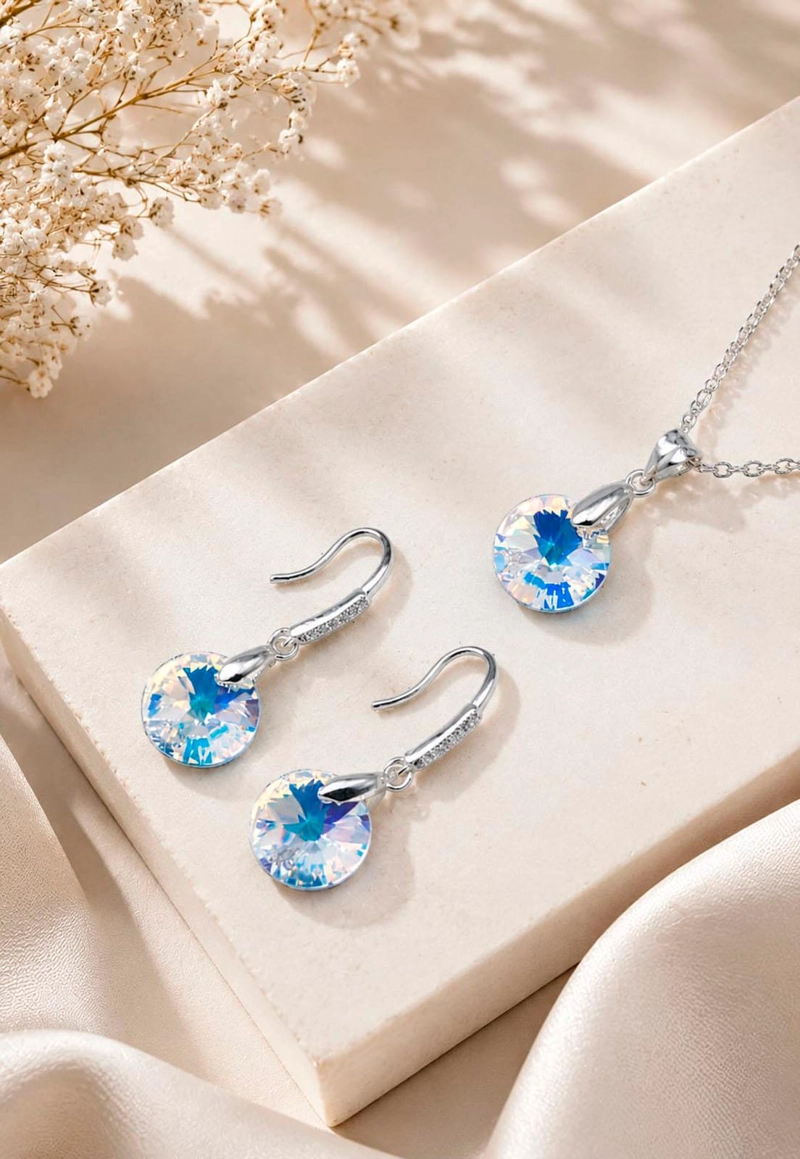 CONJUNTO JOYAS MONTERO PLATA ITALIANA 925 AROS + COLLAR MADRID Y CRISTALES GENUINOS AURORA BOREAL - 6
