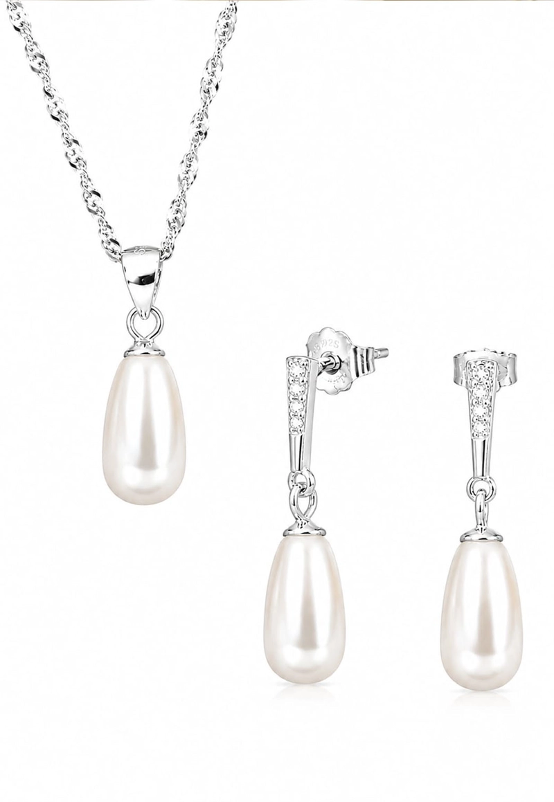 CONJUNTO JOYAS MONTERO PLATA ITALIANA 925 AROS + COLLAR MARSELLA Y PERLA GENUINA CREAM - 1