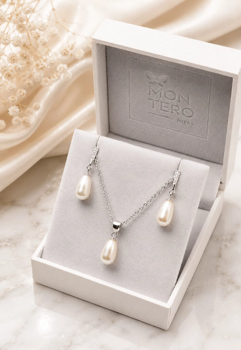 CONJUNTO JOYAS MONTERO PLATA ITALIANA 925 AROS + COLLAR MARSELLA Y PERLA GENUINA CREAM - 3