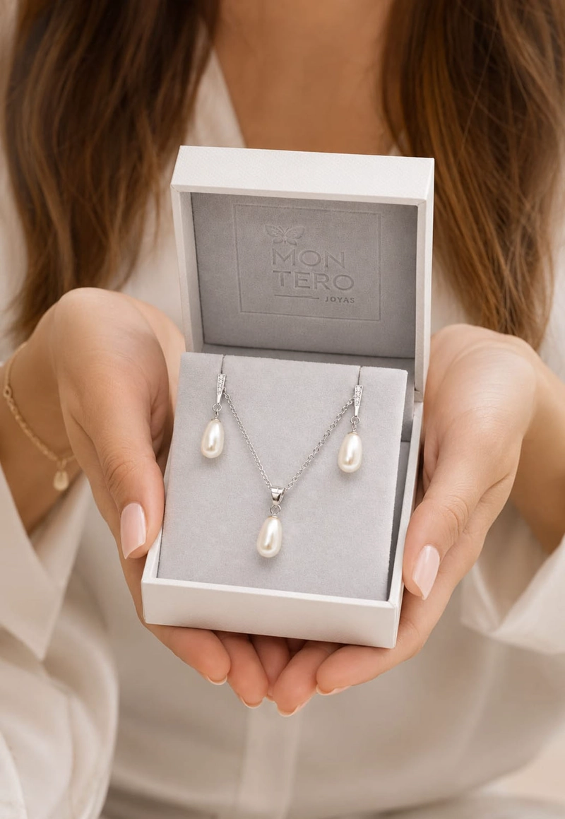 CONJUNTO JOYAS MONTERO PLATA ITALIANA 925 AROS + COLLAR MARSELLA Y PERLA GENUINA CREAM - 4