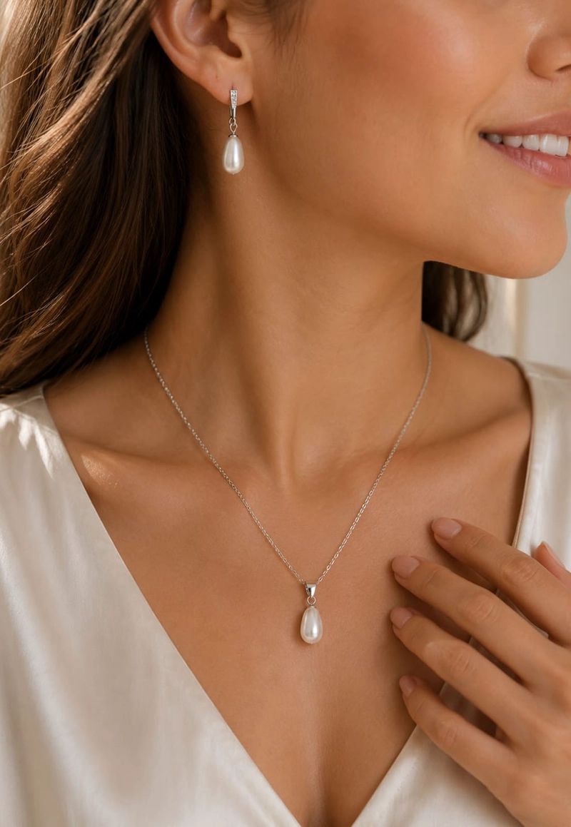 CONJUNTO JOYAS MONTERO PLATA ITALIANA 925 AROS + COLLAR MARSELLA Y PERLA GENUINA CREAM - 5