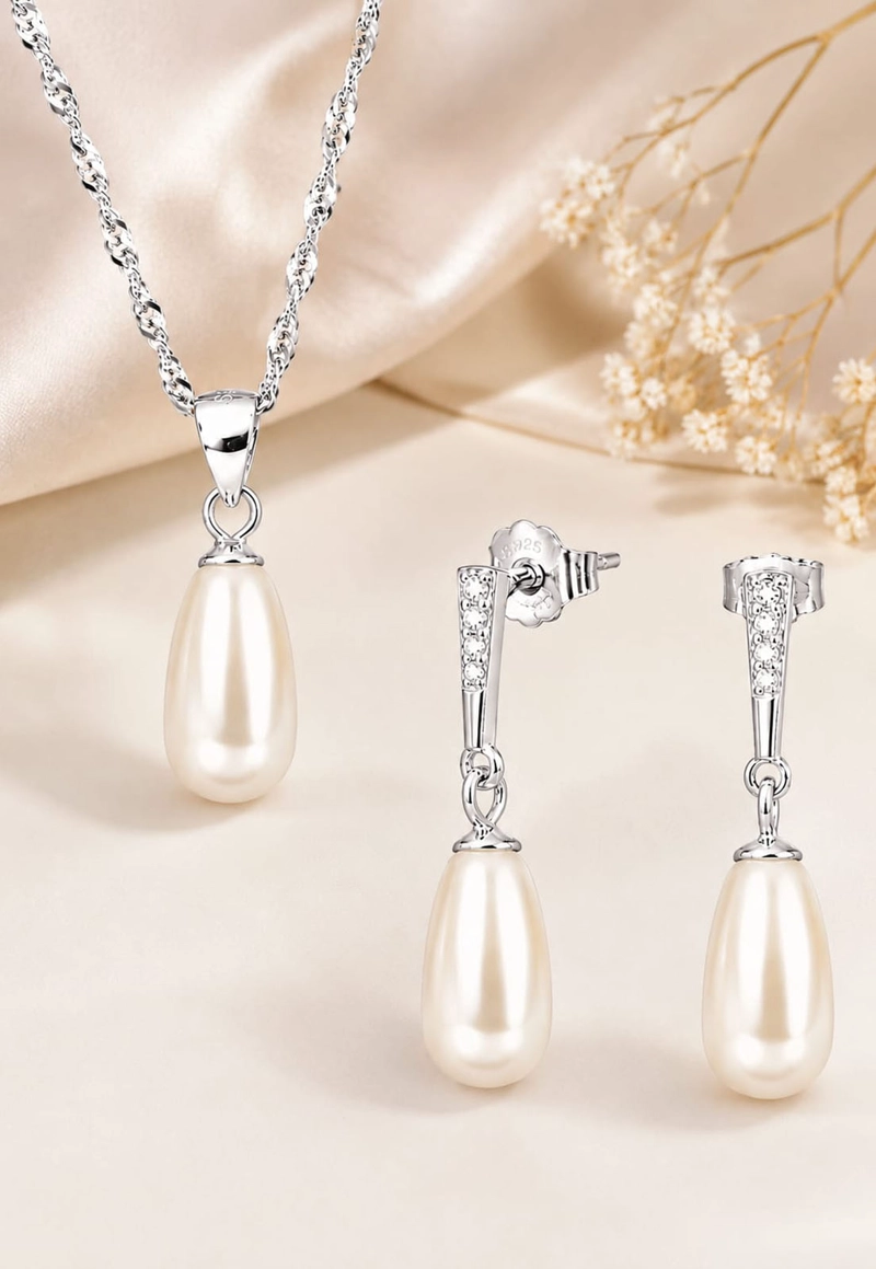 CONJUNTO JOYAS MONTERO PLATA ITALIANA 925 AROS + COLLAR MARSELLA Y PERLA GENUINA CREAM - 6