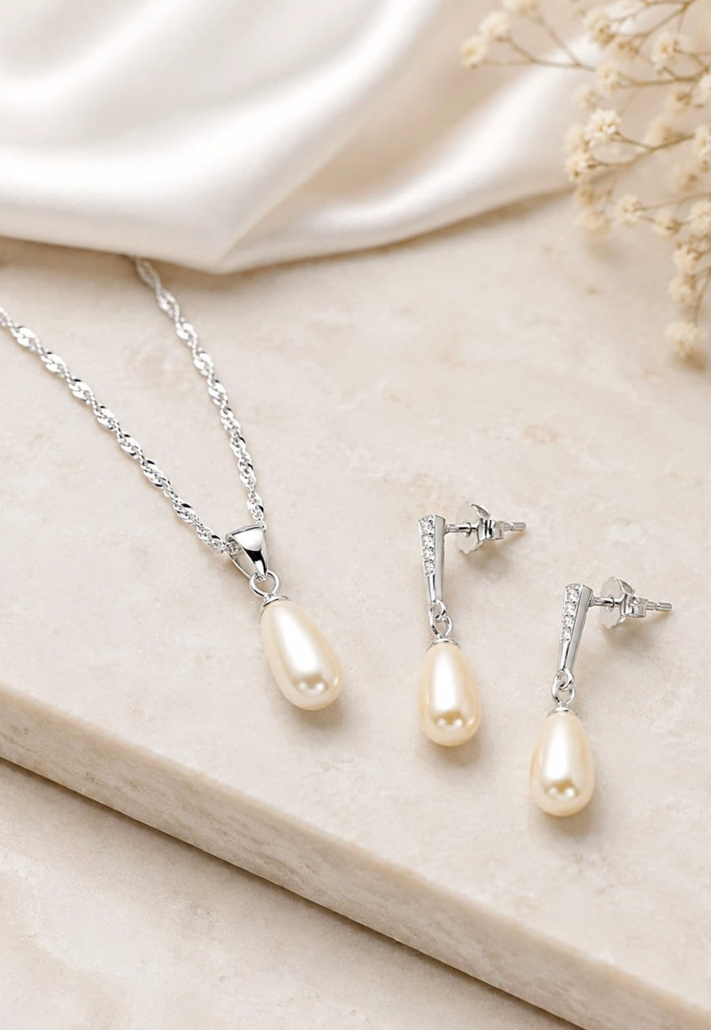 CONJUNTO JOYAS MONTERO PLATA ITALIANA 925 AROS + COLLAR MARSELLA Y PERLA GENUINA CREAM - 7