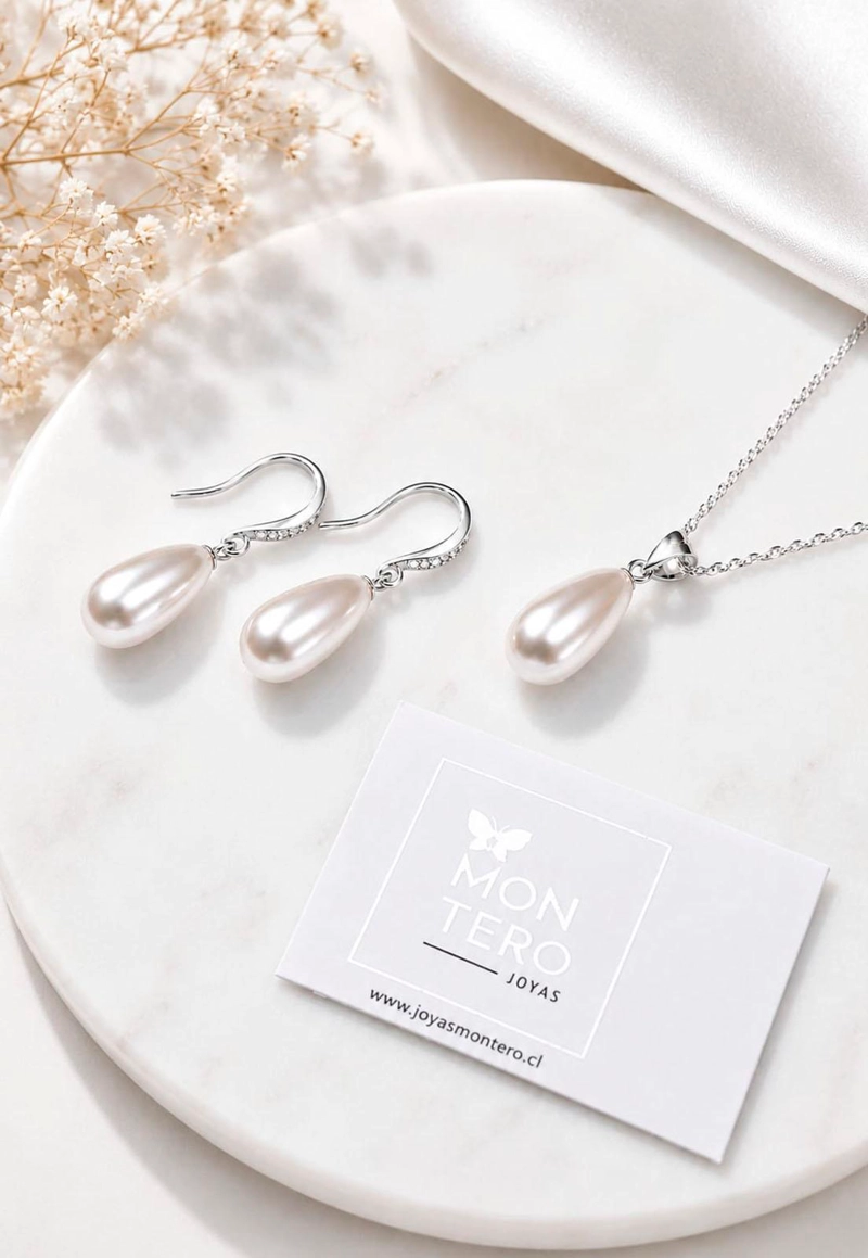 CONJUNTO JOYAS MONTERO PLATA ITALIANA 925 AROS + COLLAR MOSCU Y PERLA GENUINA CREAM - 2