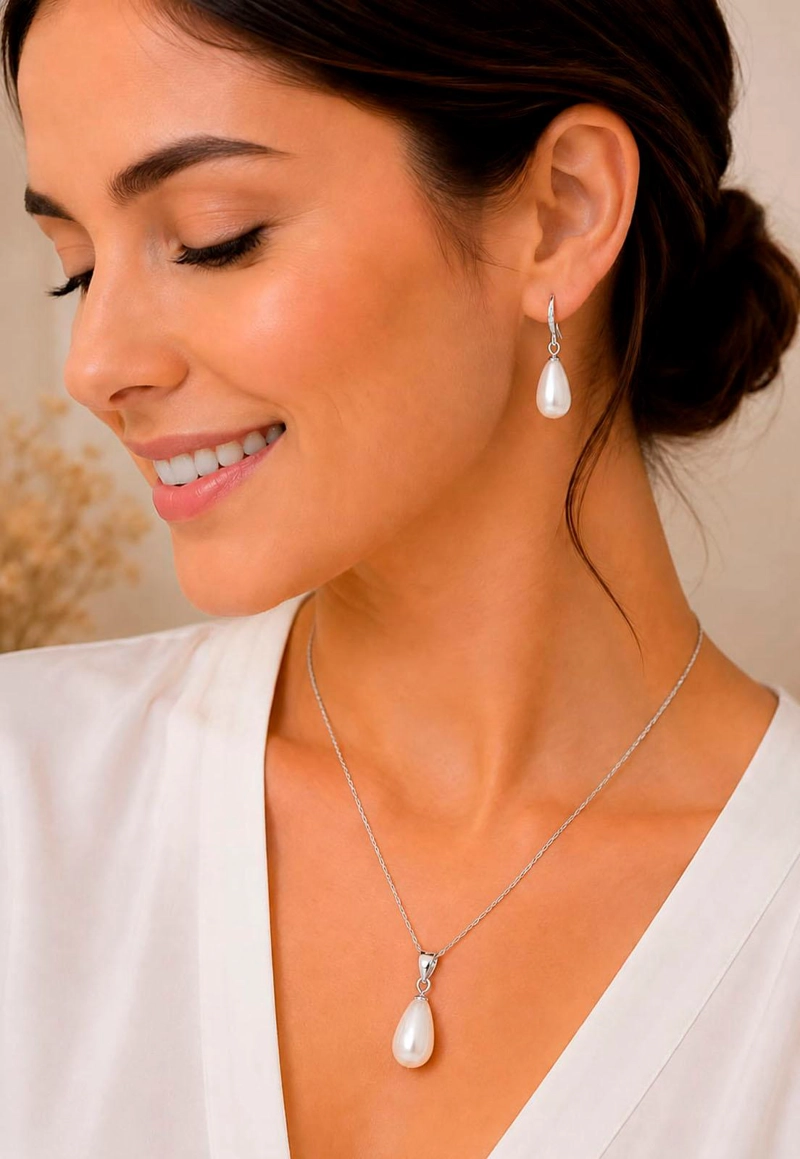 CONJUNTO JOYAS MONTERO PLATA ITALIANA 925 AROS + COLLAR MOSCU Y PERLA GENUINA CREAM - 4