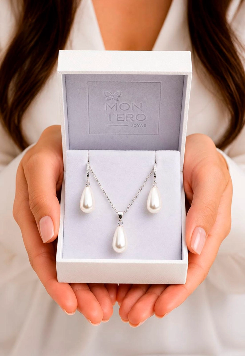 CONJUNTO JOYAS MONTERO PLATA ITALIANA 925 AROS + COLLAR MOSCU Y PERLA GENUINA CREAM - 5