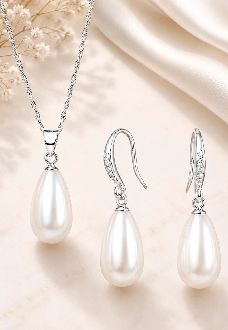 CONJUNTO JOYAS MONTERO PLATA ITALIANA 925 AROS + COLLAR MOSCU Y PERLA GENUINA CREAM - 6