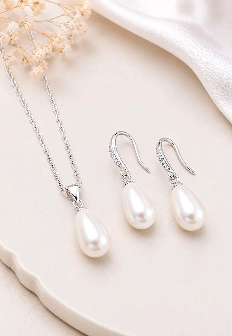 CONJUNTO JOYAS MONTERO PLATA ITALIANA 925 AROS + COLLAR MOSCU Y PERLA GENUINA CREAM - 7