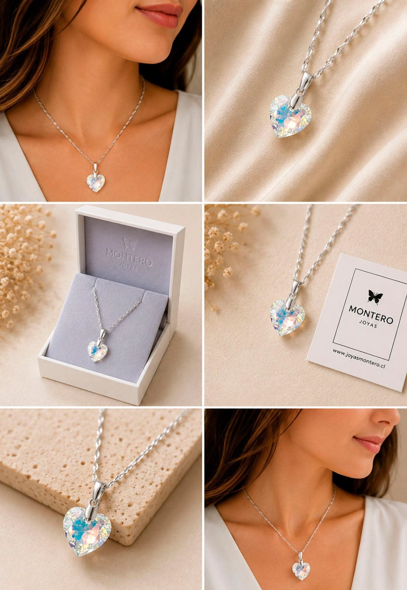 COLLAR JOYAS MONTERO PLATA ITALIANA 925 AMOR Y CRISTALES GENUINOS AURORA BOREAL - 7