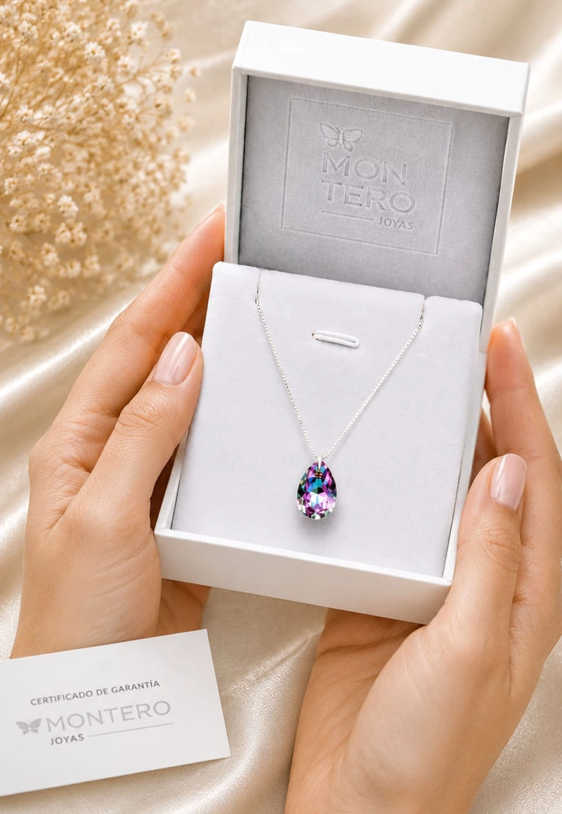 COLLAR JOYAS MONTERO PLATA ITALIANA 925 GOTA DE LUZ Y CRISTALES GENUINOS VITRAL LIGHT - 5