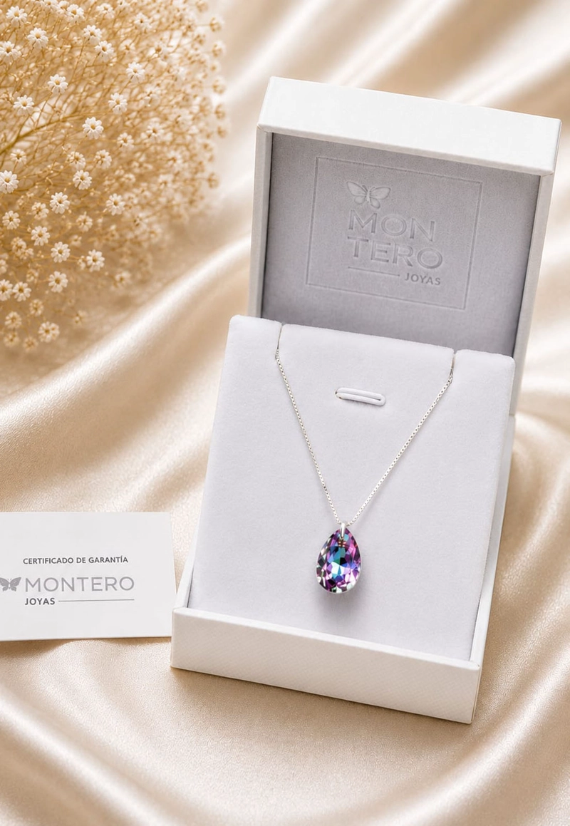 COLLAR JOYAS MONTERO PLATA ITALIANA 925 GOTA DE LUZ Y CRISTALES GENUINOS VITRAL LIGHT - 7