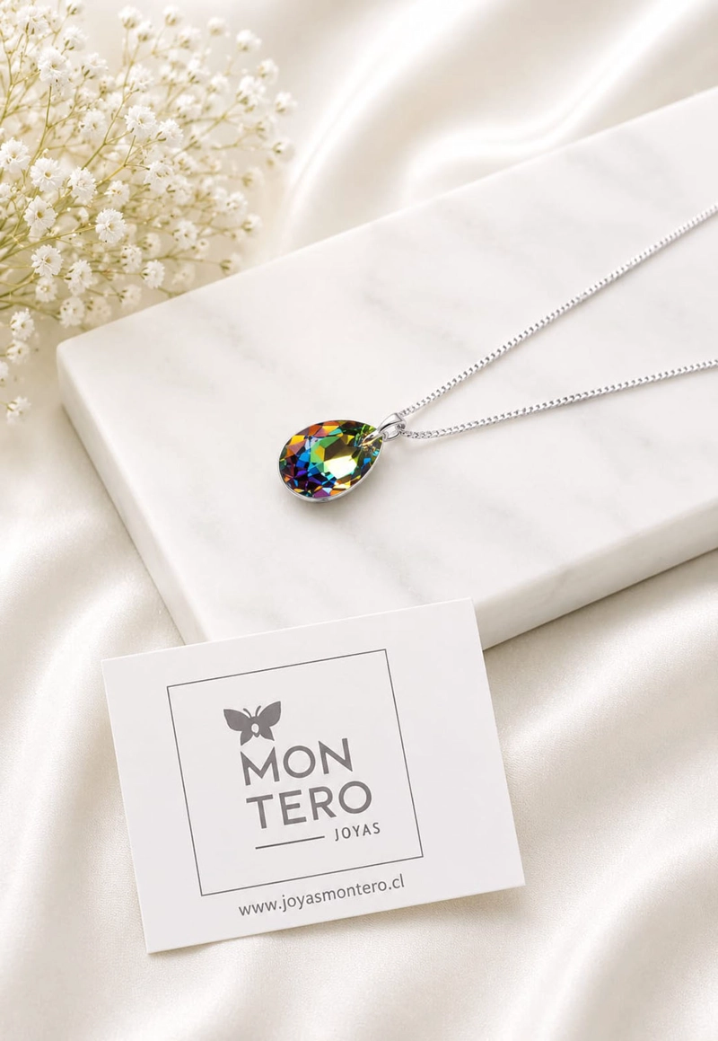 COLLAR JOYAS MONTERO PLATA ITALIANA 925 GOTA DE LUZ Y CRISTALES GENUINOS VITRAL MEDIUM - 2