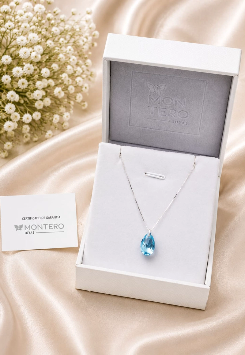 COLLAR JOYAS MONTERO PLATA ITALIANA 925 GOTA DE LUZ Y CRISTALES GENUINOS AQUAMARINE - 3