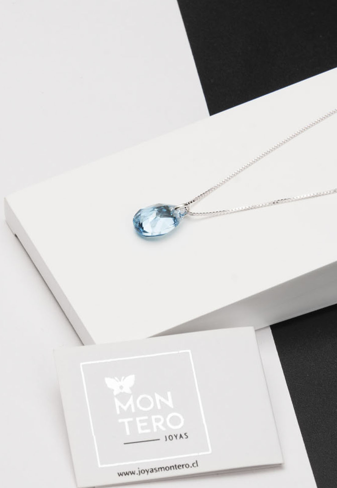 COLLAR JOYAS MONTERO PLATA ITALIANA 925 GOTA DE LUZ Y CRISTALES GENUINOS AQUAMARINE - 3