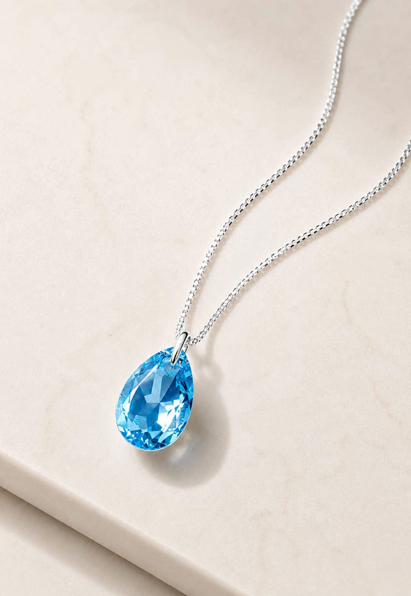 COLLAR JOYAS MONTERO PLATA ITALIANA 925 GOTA DE LUZ Y CRISTALES GENUINOS AQUAMARINE - 4
