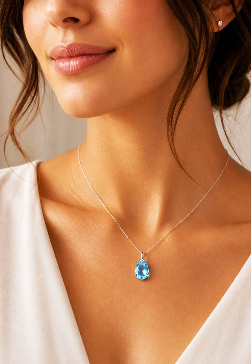 COLLAR JOYAS MONTERO PLATA ITALIANA 925 GOTA DE LUZ Y CRISTALES GENUINOS AQUAMARINE - 5