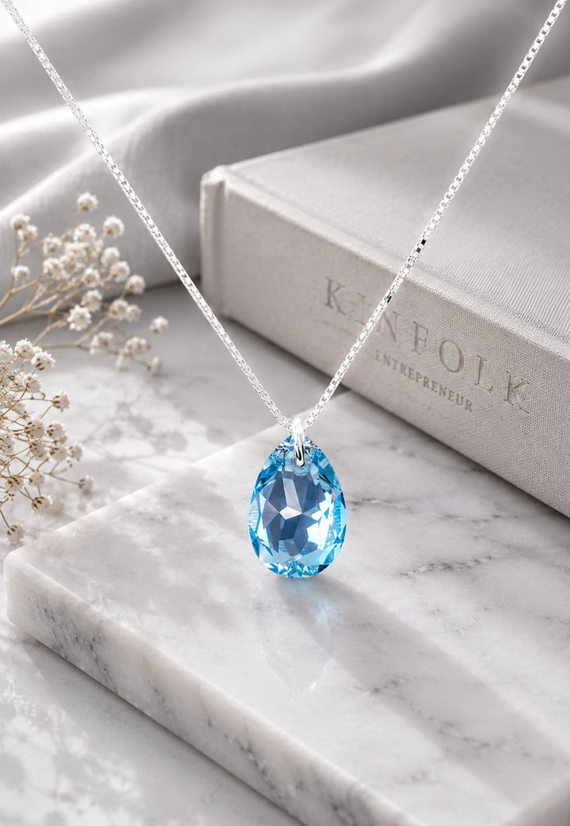 COLLAR JOYAS MONTERO PLATA ITALIANA 925 GOTA DE LUZ Y CRISTALES GENUINOS AQUAMARINE - 6