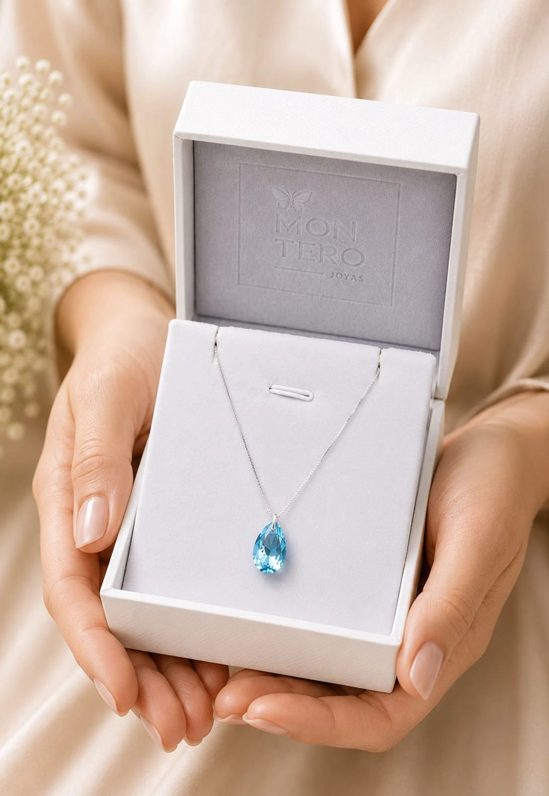 COLLAR JOYAS MONTERO PLATA ITALIANA 925 GOTA DE LUZ Y CRISTALES GENUINOS AQUAMARINE - 7