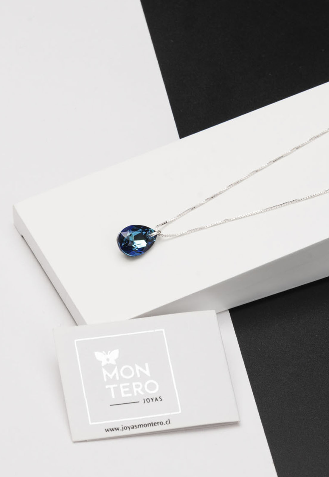 COLLAR JOYAS MONTERO PLATA ITALIANA 925 GOTA DE LUZ Y CRISTALES GENUINOS BERMUDA BLUE - 2