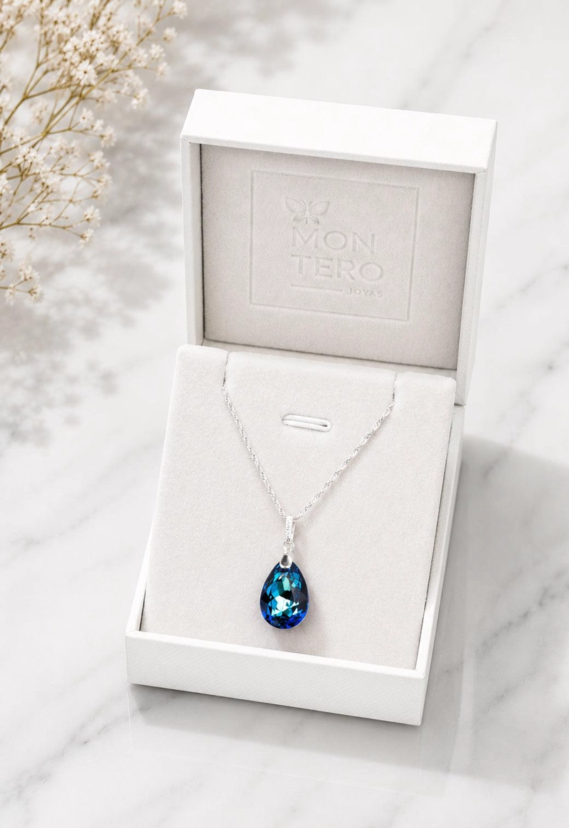 COLLAR JOYAS MONTERO PLATA ITALIANA 925 CAPRICHO Y CRISTALES GENUINOS BERMUDA BLUE - 2
