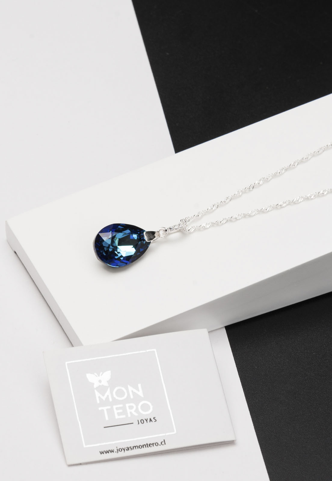 COLLAR JOYAS MONTERO PLATA ITALIANA 925 CAPRICHO Y CRISTALES GENUINOS BERMUDA BLUE - 2
