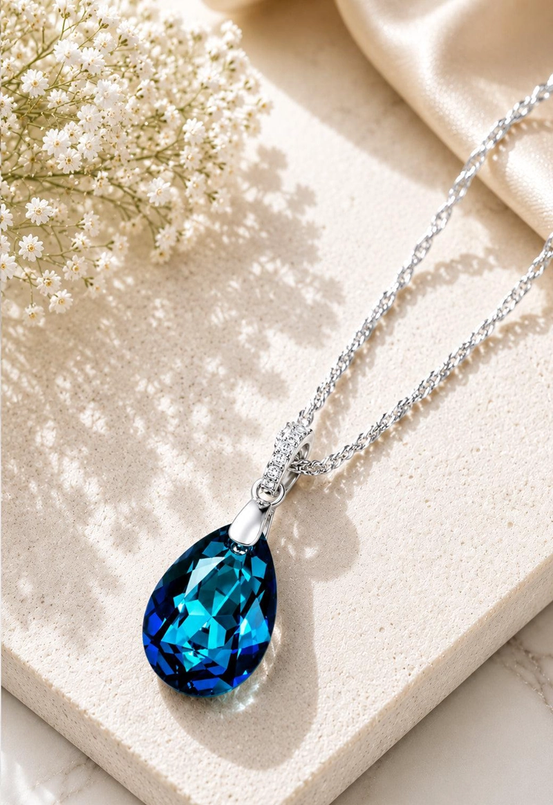 COLLAR JOYAS MONTERO PLATA ITALIANA 925 CAPRICHO Y CRISTALES GENUINOS BERMUDA BLUE - 3