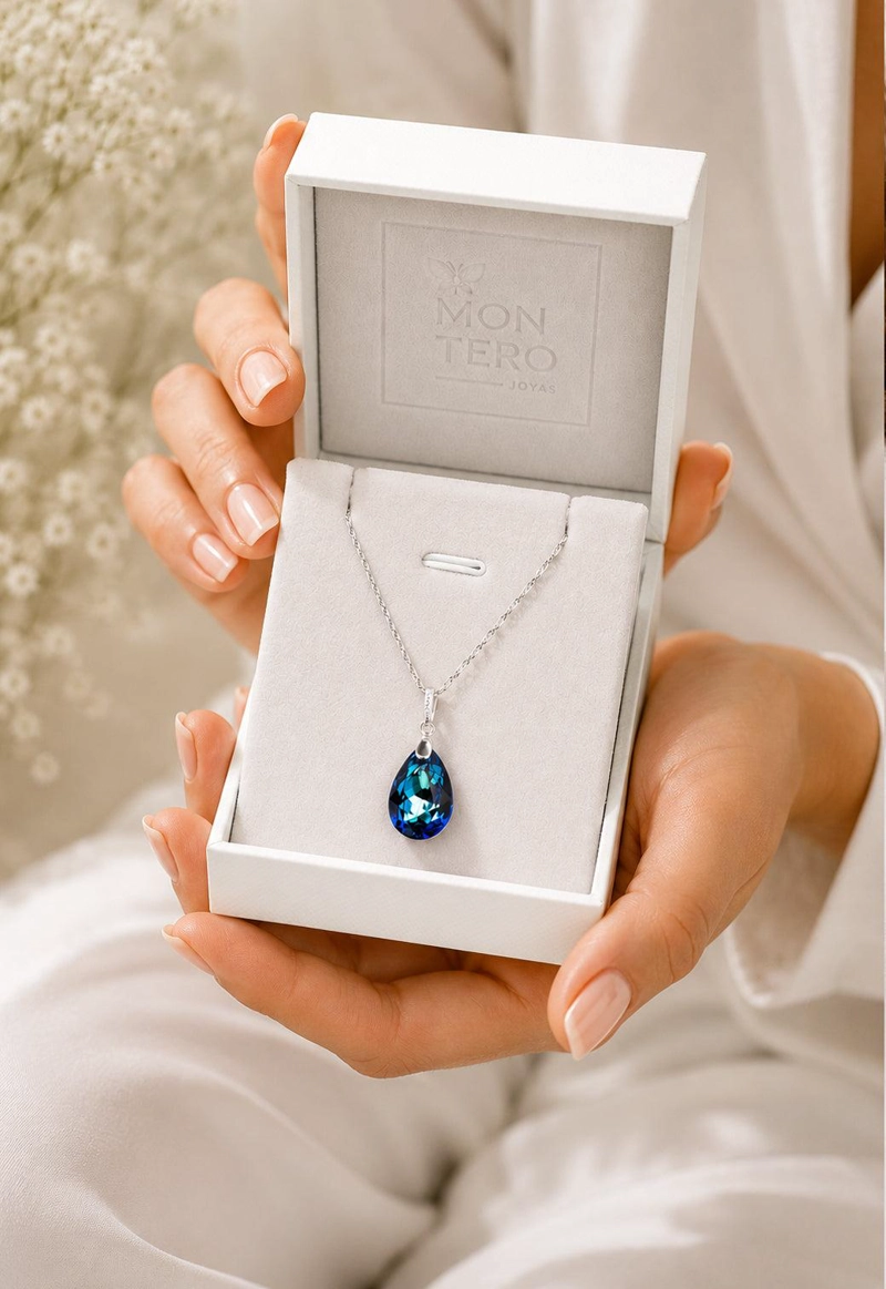 COLLAR JOYAS MONTERO PLATA ITALIANA 925 CAPRICHO Y CRISTALES GENUINOS BERMUDA BLUE - 6