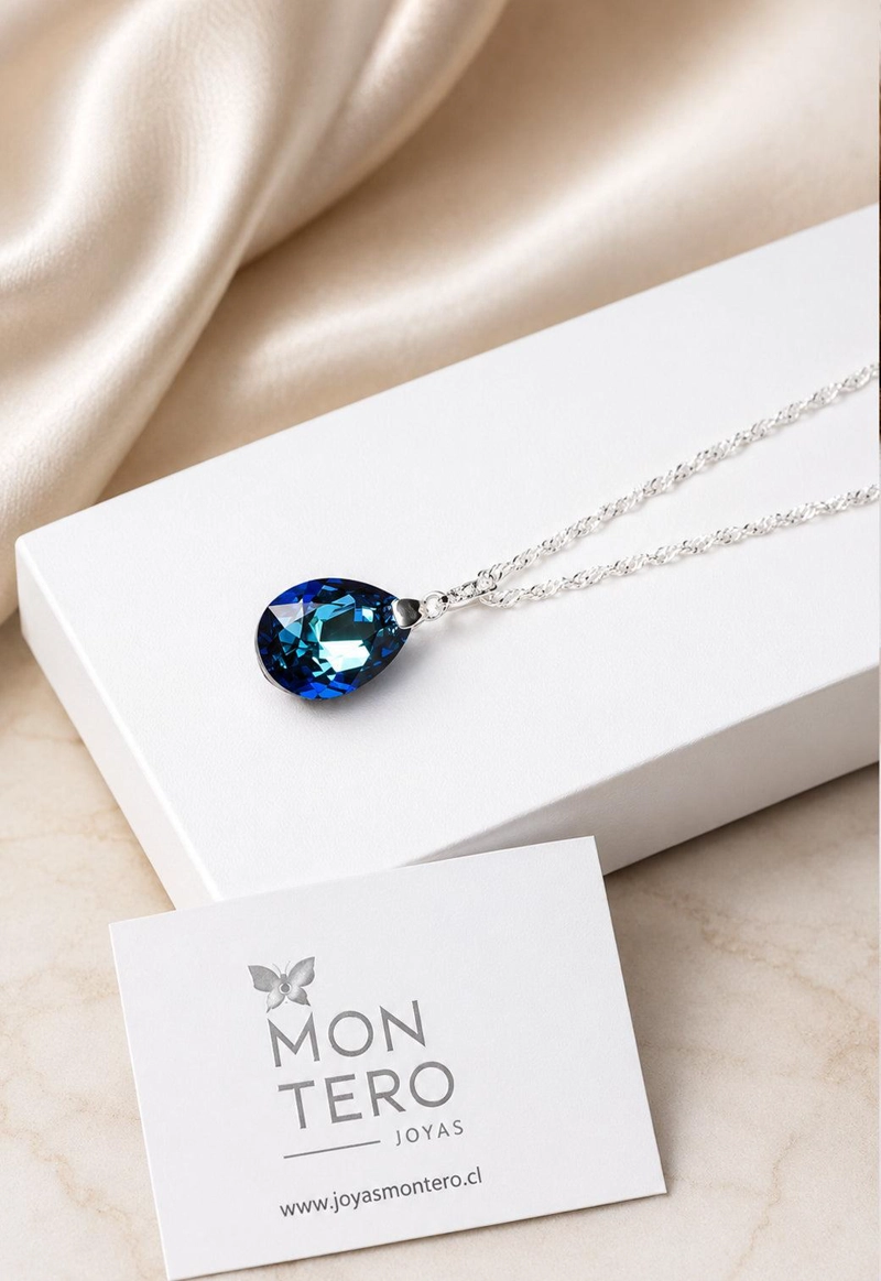 COLLAR JOYAS MONTERO PLATA ITALIANA 925 CAPRICHO Y CRISTALES GENUINOS BERMUDA BLUE - 7