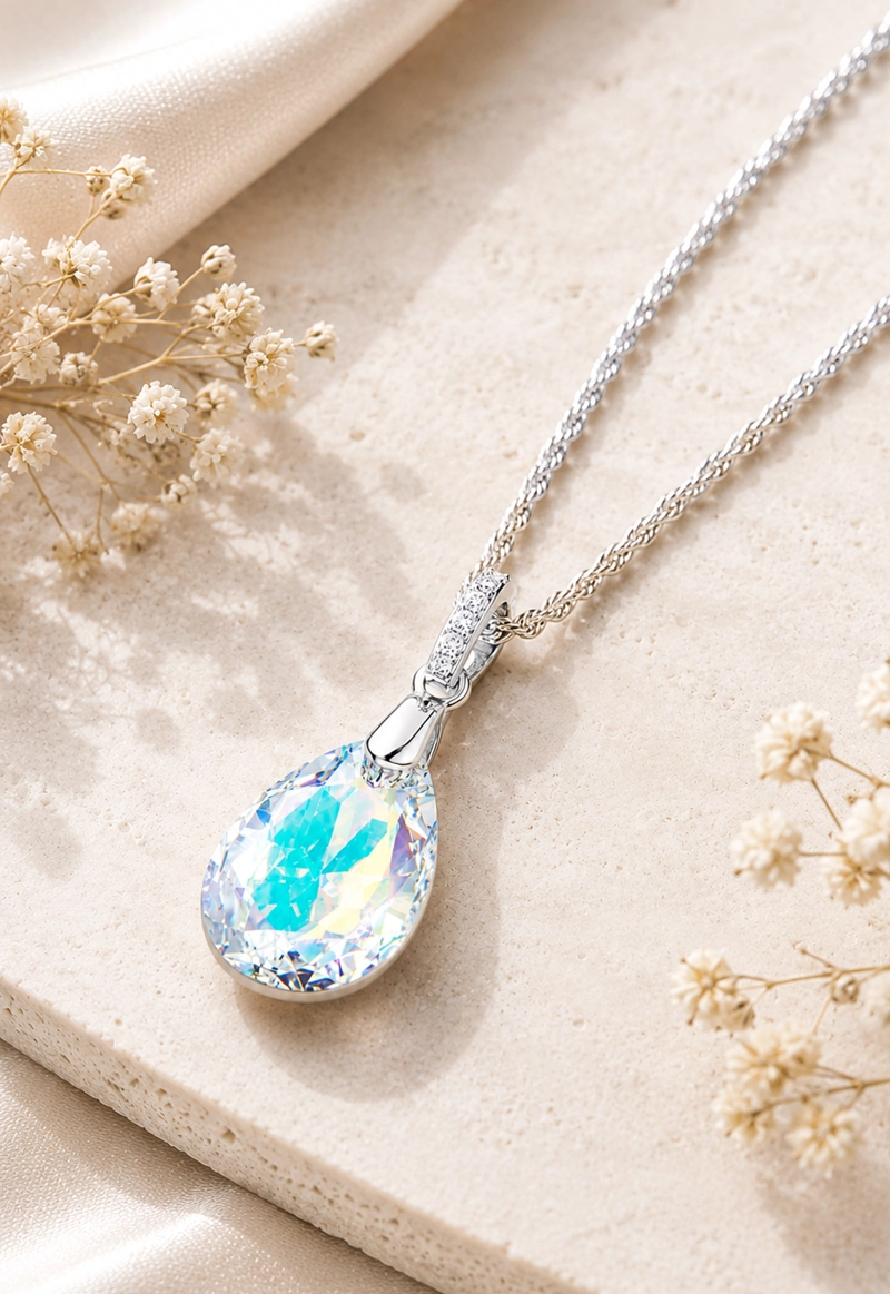 COLLAR JOYAS MONTERO PLATA ITALIANA 925 CAPRICHO Y CRISTALES GENUINOS AURORA BOREAL - 2