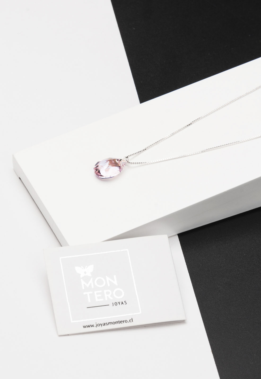 COLLAR JOYAS MONTERO PLATA ITALIANA 925 GOTA DE LUZ Y CRISTALES GENUINOS LIGTH ROSE - 2