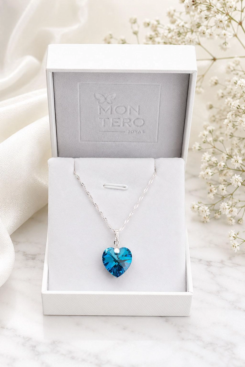 COLLAR JOYAS MONTERO PLATA ITALIANA 925 GRAN ROMANCE Y CRISTALES GENUINOS BERMUDA BLUE - 3