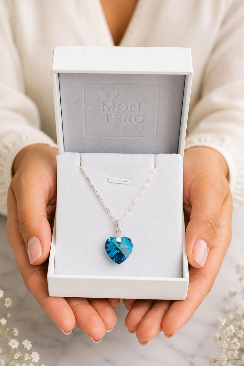 COLLAR JOYAS MONTERO PLATA ITALIANA 925 GRAN ROMANCE Y CRISTALES GENUINOS BERMUDA BLUE - 4