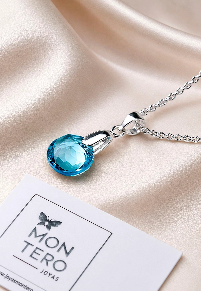 COLLAR JOYAS MONTERO PLATA ITALIANA 925 GRACIA Y CRISTALES GENUINOS AQUAMARINE - 6