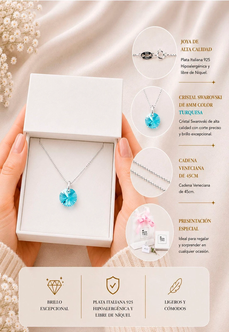 COLLAR JOYAS MONTERO PLATA ITALIANA 925 PUNTO DE LUZ Y CRISTALES GENUINOS TURQUESA - 8